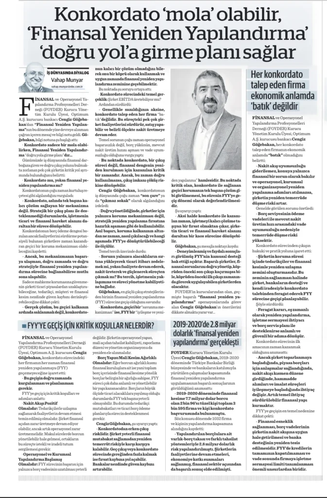 Cengiz Göğebakan’ın Ekonomim’de yayımlanan konkordato ve finansal yeniden yapılandırma konulu yazısı
