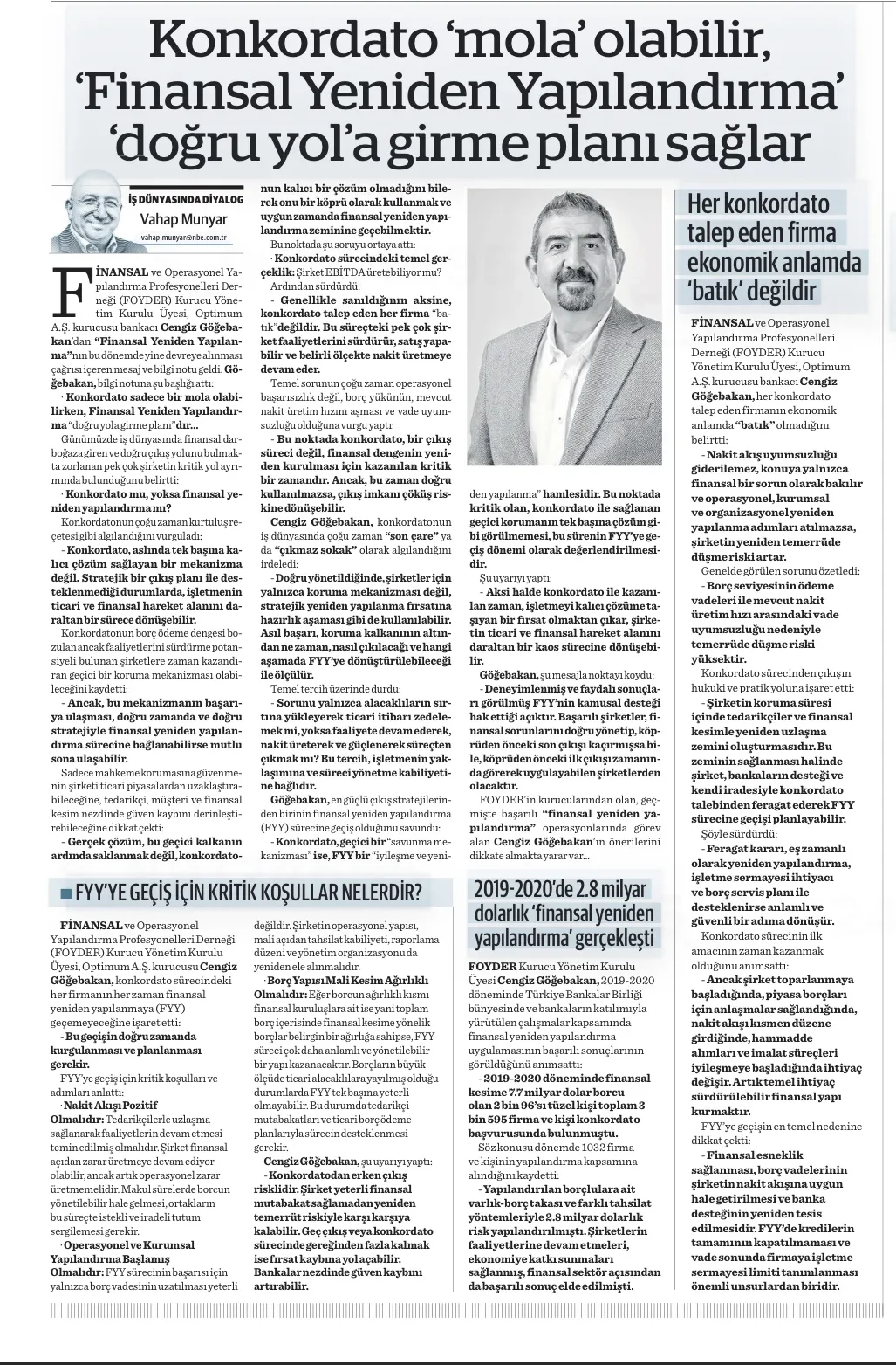 Cengiz Göğebakan’ın konkordato çıkış planı ve finansal yeniden yapılandırma konulu Ekonomim yazısı